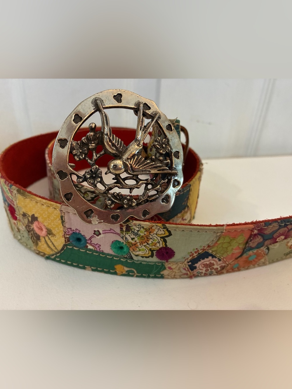 VTG Lucky Brand Bird Buckle Patchwork Floral Belt Size 32 Boho 90s Festival